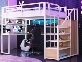 Łóżko mezzanine 140x200 cm - z oświetleniem LED i gniazdkami - z drabinką z miejscem do przechowywania - z szafą - przechowywanie i stolik - biały