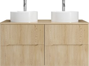 Szafka łazienkowa wisząca prążkowana z okrągłą umywalką nablatową i baterią – Jasny naturalny – 120 cm – ORISO