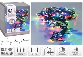 Łańcuch świąteczny zewnętrzny LED kolorowy, 96x LED, 7 m, 3x baterie AA, wyłącznik czasowy