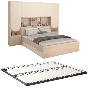 Łóżko z antresolą 140 x 190 cm ze schowkiem - Z podświetleniem LED - Kolor: Beżowy i naturalny + Stelaż - DOMELITO