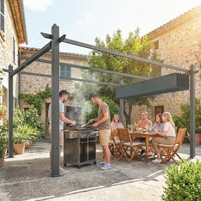 Outsunny Pergola 3 x 4 m z regulowanym dachem, automatycznie zwijanymi roletami, ochrona UV50+, aluminiowa rama | Aosom PL