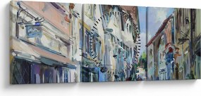 Obraz - Aleja starego miasta, malarstwo akrylowe (z zegarem) (90x30 cm)