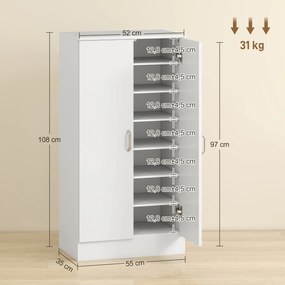 HOMCOM Szafka na buty z cichymi zawiasami, regulowane półki, 6-poziomowy regał na buty do przedpokoju, na 14 par, 55 x 35 x 108 cm, drewno, Biały