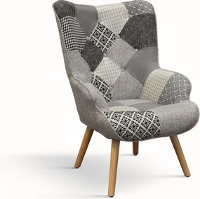 Szary fotel z tkaniny patchworkowej z drewnianymi nogami - HAVANA