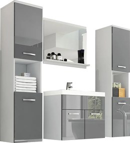 Zestaw mebli łazienkowych, komplet wiszący z umywalką, lustrem i 2 słupkami, korpus biały fronty szary połysk