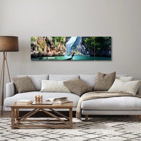 Obraz - Wodny śródziemnomorski krajobraz z łodzią (170x50 cm)