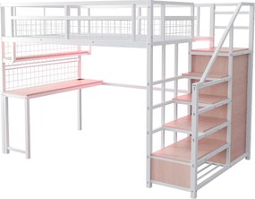 Łóżko piętrowe metalowe dla dzieci - 140 x 200 cm - z drabinką + szafa + półka + stolik + diody LED - białe