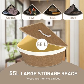 HOMCOM Kosz na pranie w kształcie narożnym z plecionki bambusa, 55 litrów, worek na ubrania, metalowa rama, Brązowy