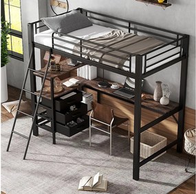 Łóżko piętrowe 90 x 200 cm z biurkiem narożnym, 3 szufladami i półkami - Metal + płyta wiórowa - Czarny i orzech (bez materaca)