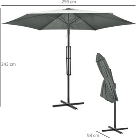 Outsunny Wiszący parasol Ø293 cm z bocznym uchwytem, krzyżową podstawą, wiatroodporny, wodoodporny, ciemnoszary | Aosom PL