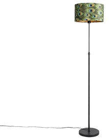 Czarna lampa podłogowa z aksamitnym abażurem w kolorze pawia z złotem 35 cm - Parte klasyczny/Antyczny Oswietlenie wewnetrzne