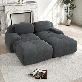 Modułowa sofa welur prążkowany - 2-osobowa - z 2 poduszkami i 2 pufami - spód antypoślizgowy - 208x178x70cm - Szary