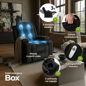 Fotel Masujący BOX Rozkładany Wypoczynkowy z Podnóżkiem Czarny Sztruksowy Nowoczesny