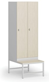 Szafka ubraniowa S1 z ławką, 2-drzwiowa, 1875 x 600 x 500/800 mm, zamek obrotowy, drzwi laminowane, brzoza