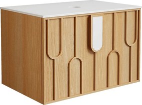 Wiszaca teksturowana szafka podumywalkowa z blatem ze spiekanego kamienia - Jasny naturalny - szer. 75 cm - MERKAN
