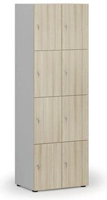 Drewniana szafka skrytkowa S4, 8 schowków, demontaż, zamek cylindryczny, szary/dąb naturalny