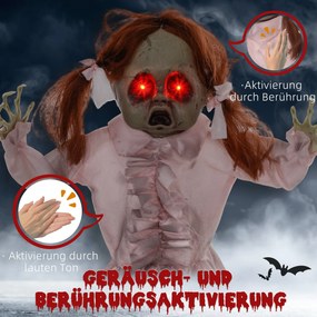 HOMCOM Lalka Horror, Dekoracja Helloween, aktywowana dźwiękiem/dotykiem, czerwone oczy, dźwięk, 76 cm