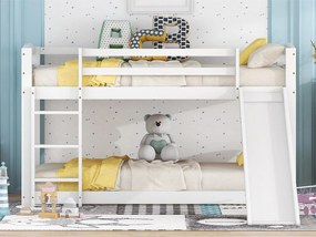 Łóżko piętrowe dwuosobowe, 2x90x200cm ze zjeżdżalnią i barierką, rama sosnowa, stelaż z listew w zestawie, kolor biały