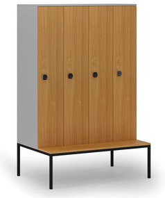 Drewniana szafa ubraniowa S4 z ławką, 4-drzwiowa, 1871 x 1200 x 500/800 mm, demontaż, zamek kodowy, szary/buk