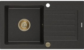 Mexen Pablo zlewozmywak granitowy 1-komorowy z ociekaczem 752 x 436 mm, czarny/złoty metalik, syfon złoty - 6510751010-75-G