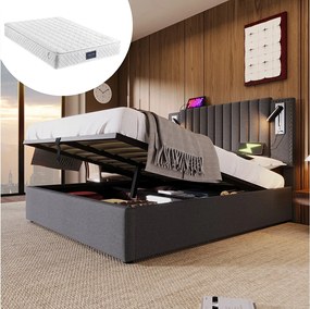 Łóżko dla dorosłych 160x200 cm - z zagłówkiem, USB/typ C, stelaż - szare - materac w cenie