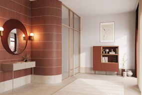 Komoda wysoka Desin 120 cm z wnękami, szufladą i metalowymi nogami - czerwony / ceramic red / dąb nagano