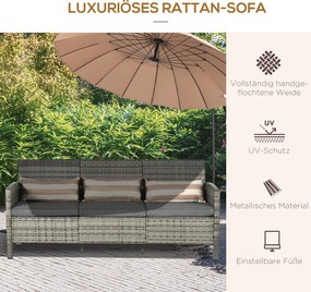 Outsunny Rattan sofa zewnętrzny trzyosobowa ogród sofa wypoczynkowa z poduszkami stal szary
