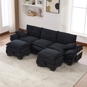 Zestaw wypoczynkowy z tkaniny sztruksowej 3-osobowy - 260 x 132 x 84 cm - z 2 pufami ze schowkiem + port USB + kieszenie - czarny