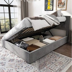 Łóżko dla dorosłych ze schowkiem 140 x 200 cm w welurowym kolorze - Otwierane z dwóch stron - Styl Chesterfield - Szare