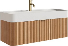 Wisząca szafka łazienkowa z prążkowanego drewna jesionowego z umywalką podblatową do zabudowy i baterią - Jasny naturalny - 100 cm - BULMAS