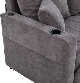 Rozkładana sofa z kieszeniami bocznymi i uchwytami na kubki, portami ładowania USB – szary szenil