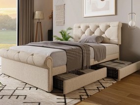 Łóżko tapicerowane w tkaninie lnianej - 90x200cm - z 2 szufladami - regulowane wezgłowie - Jasny naturalny