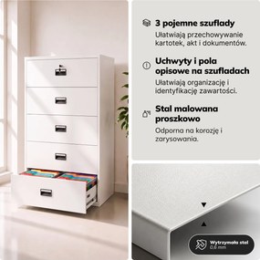 Szafa kartotekowa metalowa z 5 szufladami biała, 900x1620x600 mm: SARA XL V5