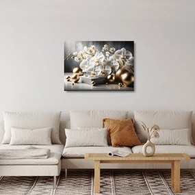 Obraz na szkle - Orchidea i złote kule (70x50 cm)