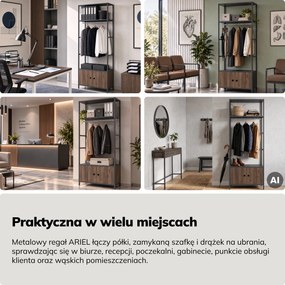 Regał biurowy otwarty z drążkiem na ubrania, do recepcji i poczekalni, metalowy, antracytowy/orzech, 800x2200x400 mm: ARIEL Eco Design
