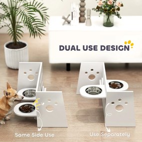 PawHut Stelaż na miskę dla psów, regulowane miski z oddzielnym designem, 2 miski ze stali nierdzewnej, mata przeciw połykaniu, Biały