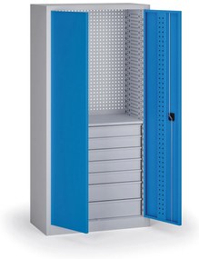 Szafa warsztatowa, 1 półka + 7 szuflad, 1950 × 950 × 500 mm, niebieskie drzwi