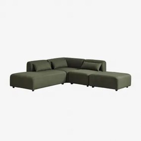 Sofa Modułowy Narożny 3-częściowy Z Lewym Szezlongiem I Pufem Fogler Tkanina Baranek Boucle Szałwiowa Zieleń - Sklum