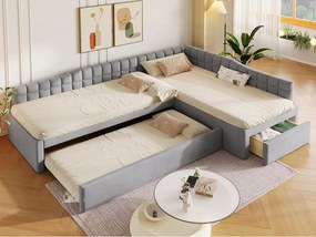 Łóżko pojedyncze tapicerowane w kształcie L 90x200 cm - z łóżkiem wysuwanym i 1 szufladą - Pokrycie welurowe - Szary (Materac nie wliczony w cenę)