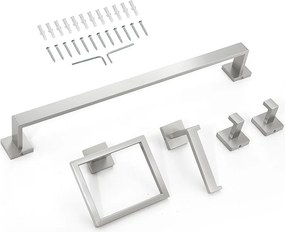 Akcesoria Łazienkowe SucceBuy w Kolorze Szlifowanego Niklu 5PCs, Ścienny Wieszak na Ręczniki ze Stali Nierdzewnej 59,8 cm z Kwadratowymi Podpórkami na Ręczniki