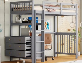 Łóżko mezzanine 90x200cm - z drabiną - z 6 szufladami - z półkami - design z wysokim szyną - stelaż na listwy - drewno lite - szare (materac nie wchodzi w skład)