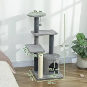 PawHut Drapak 103 cm z domkiem dla kota, platformami, słupkami owiniętymi sizalem, pluszową zawieszką, szary | Aosom PL