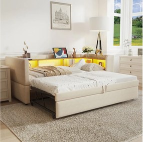 Sofa rozkładana z rozkładaną sofą - 2 x 90 x 190 cm - Schowek + LEDy + gniazda ładowania - Drewno lite - beż