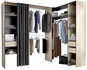 Rozkładana garderoba narożna GONTRAN – dł. 164/214 cm – kolor dębowy i antracytowy