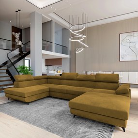 Masseno Narożnik RUBANO z funkcją spania i pojemnikiem na pościel Narozniki U, Rozkładana sofa - Żółty, MONOLITH 48