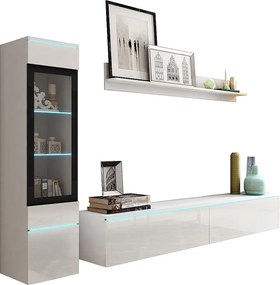 Nowoczesny zestaw mebli do salonu 3 elementy – szafka RTV 180 cm, witryna i półka, korpus biały mat, fronty biały połysk, stojąca lub wisząca