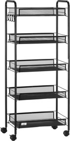HOMCOM Wózek kuchenny z 5 koszami z drutu, 4 haczykami, 4 kołami, 2 uchwytami, stal/tworzywo sztuczne, 45x26,5x106 cm, Czarny