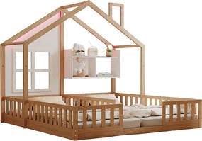 Łóżko domkowe dziecięce 90 x 200 cm - z oświetleniem LED - z barierkami bezpieczeństwa - z półkami do przechowywania - naturalny​ (materac nie jest wliczony w cenę)