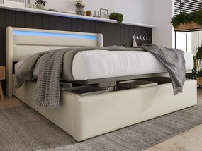 Łóżko ze schowkiem i zagłówkiem - 140 x 200 cm - skóra ekologiczna - diody LED - białe
