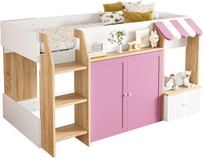 Łóżko dziecięce antresola średniej wysokości - 90 x 200 cm - z otwartą przestrzenią na pościel + drabinka - drewno - biały + różowy